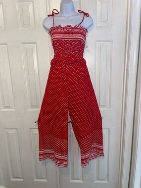 Miley Molly Red Polka Dot Smocked Wide-Leg Jumpsuit